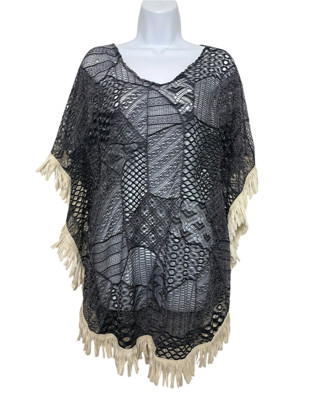 Arianna by HSK Ward’s Black Open Knit Fringe Poncho Cover Up One Size Boho Beach